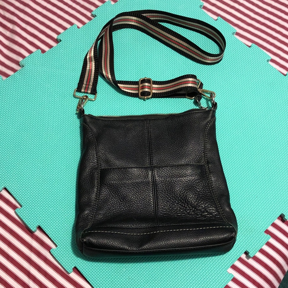 The Sak Black Leather Crossbody Bag with Striped Strap